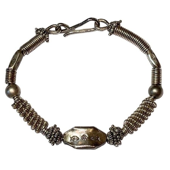 Silver Spring Coil Primitive 925 Spacer Bead Bracelet 23g S Hook Clasp - Picture 1 of 7